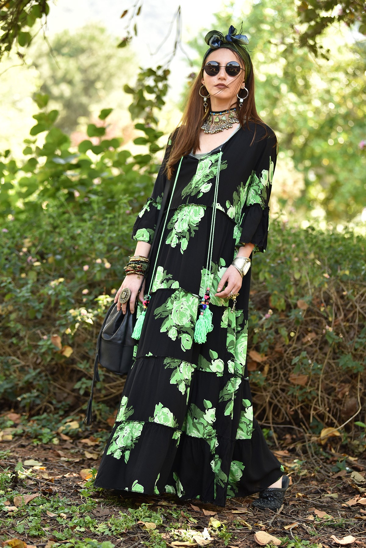 Siyah Yeşil Çiçek Desenli Uzun Elbise - Şaman Butik - Bohem Giyim ve  Aksesuar | Kadın & Erkek