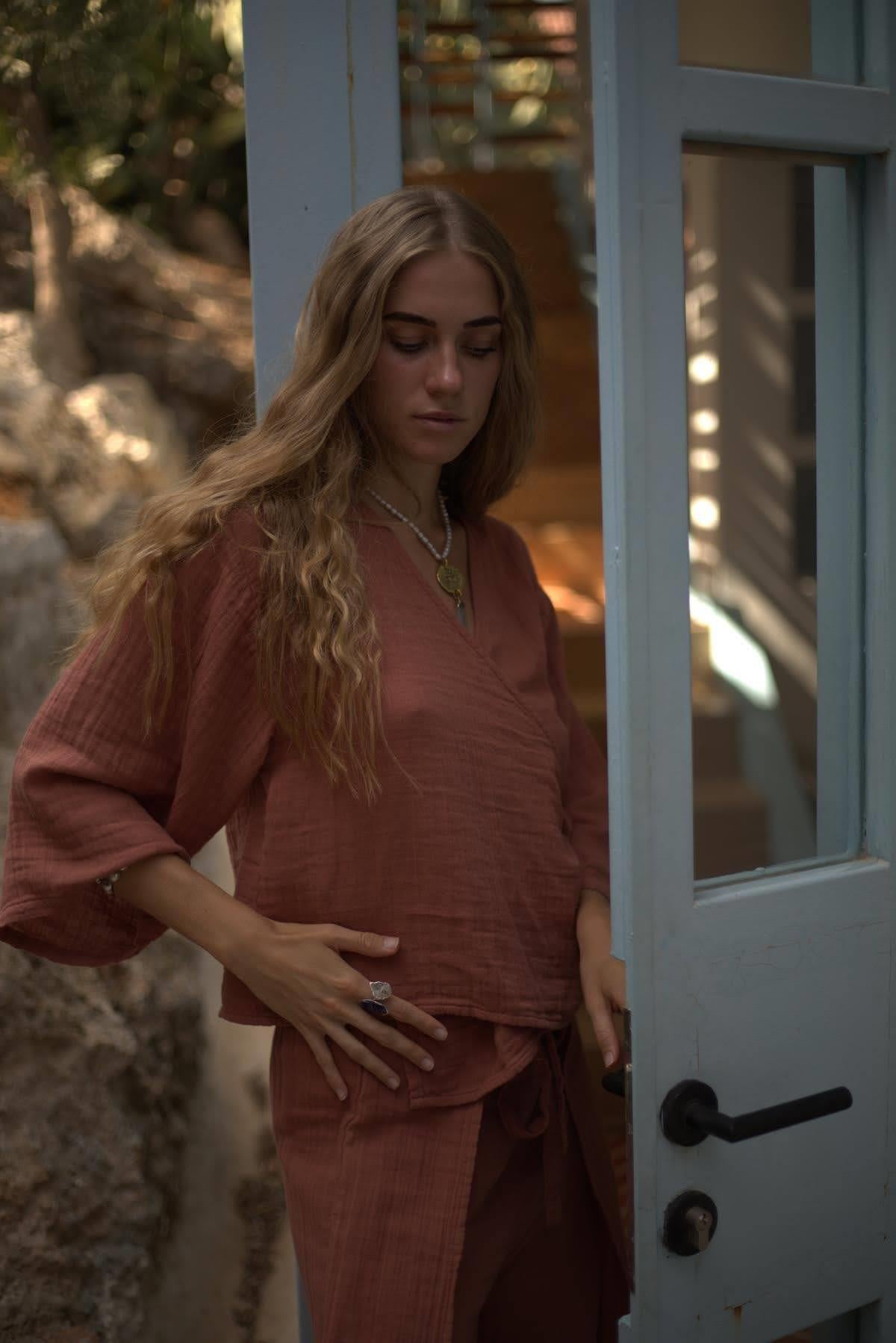Somon Rengi İp Bağlamalı Crop Bluz
