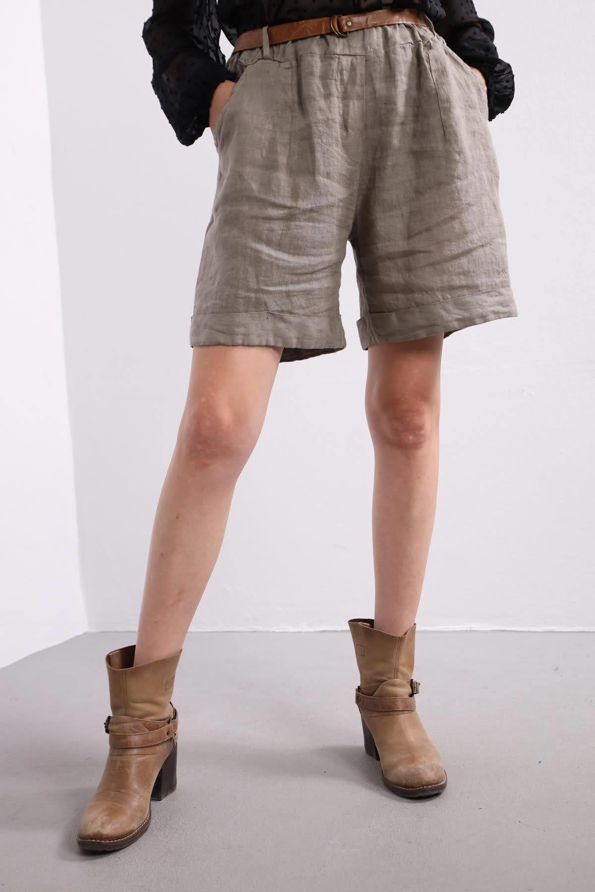 Vizon Rengi Keten Şort - Şaman Butik Vizon Rengi Keten Şort