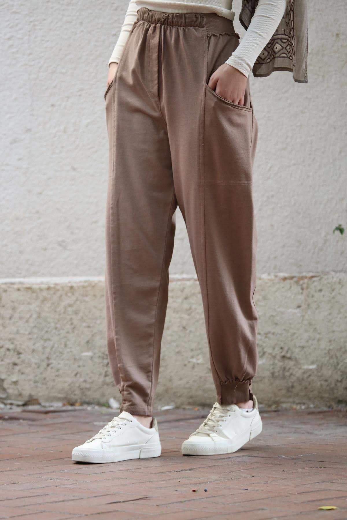 Sütlü Kahve Dizi Çimalı Yağ Yıkama Pantolon