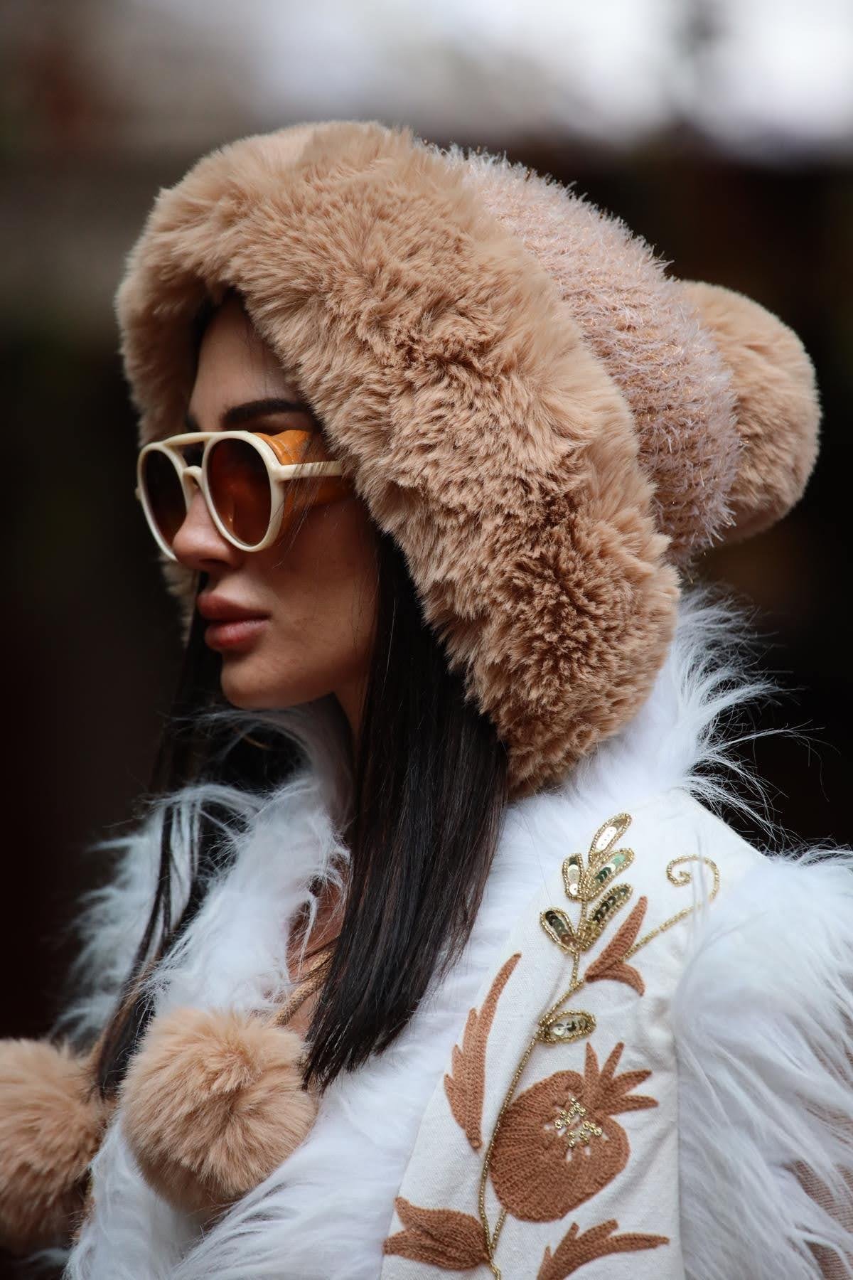 Sütlü Kahve Ponponlu Üzeri Tüylü Kürklü Pilot Şapka