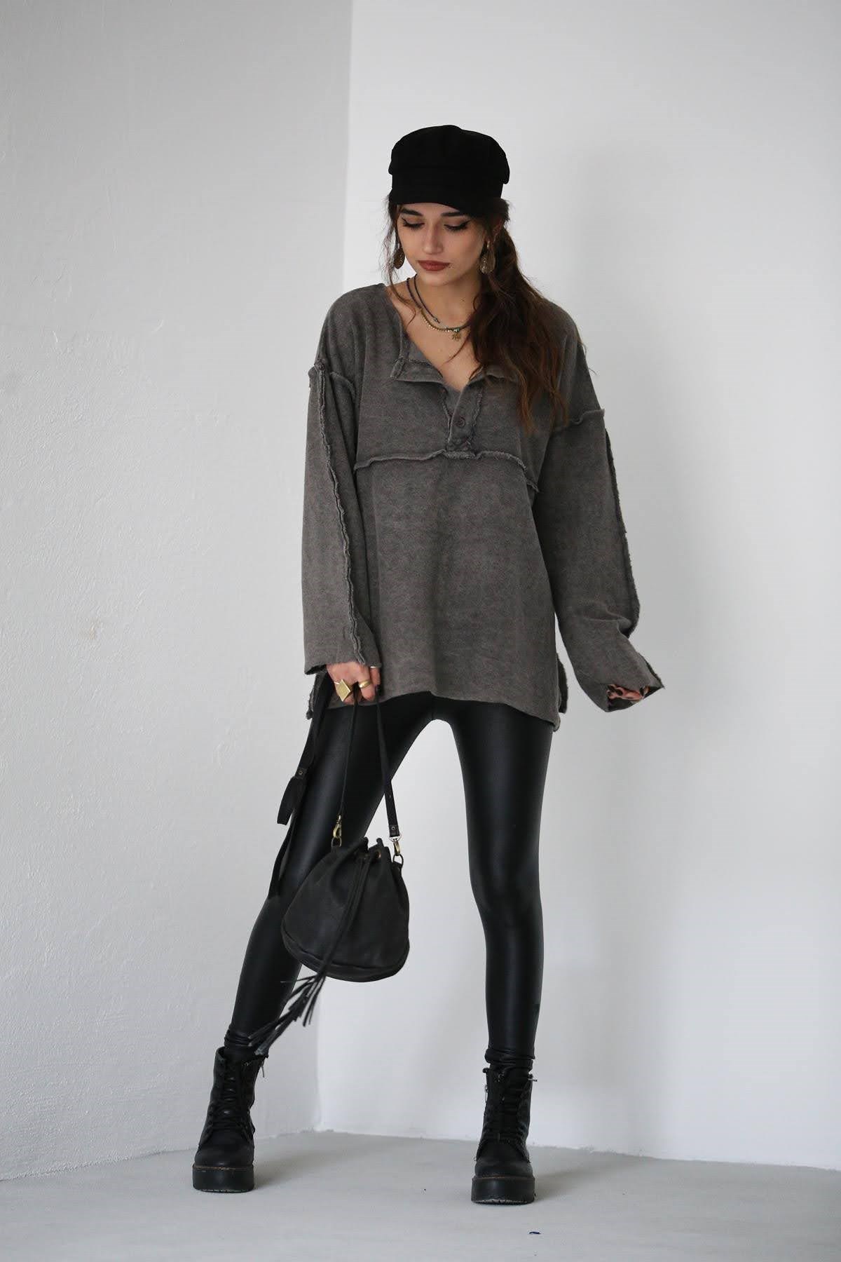  Antrasit Dikiş Detaylı Yırtmaçlı Ters Sweat