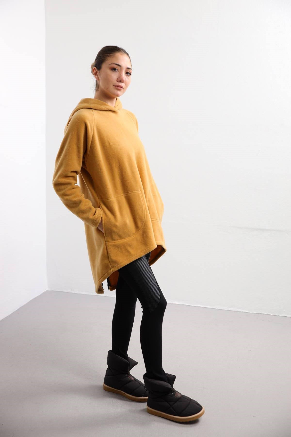 Back Zipper Detail Fleece Hoodie - Saman Butik | Shop Online Camel Back Zipper Detail Fleece Hoodie