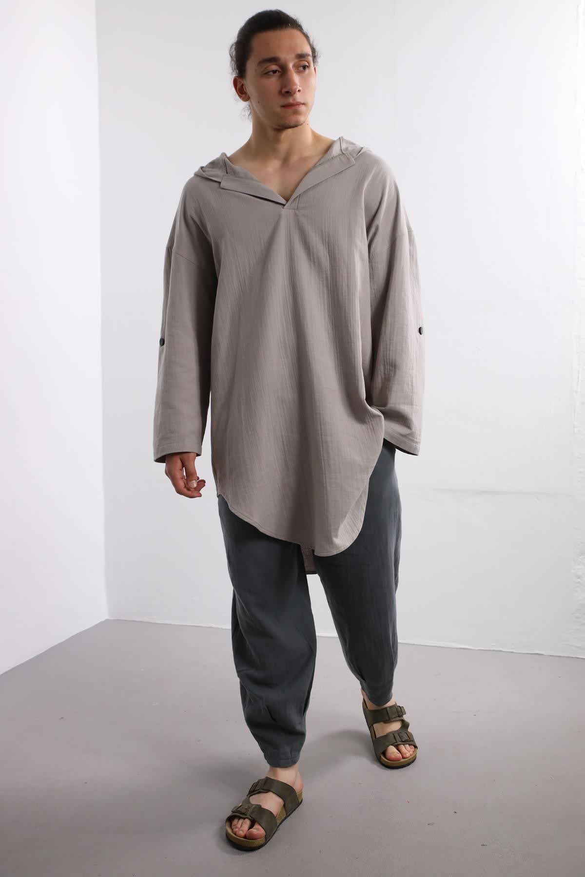 Gri Kapüşonlu Müslin Sweat