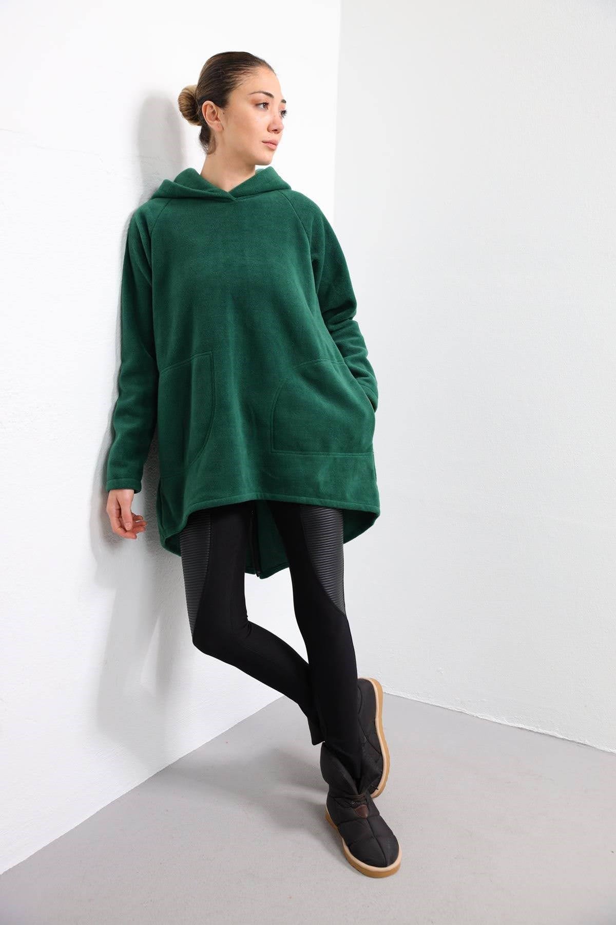 Dark Green Back Zipper Detail Fleece Hoodie - Saman Butik | Shop Online Dark Green Back Zipper Detail Fleece Hoodie