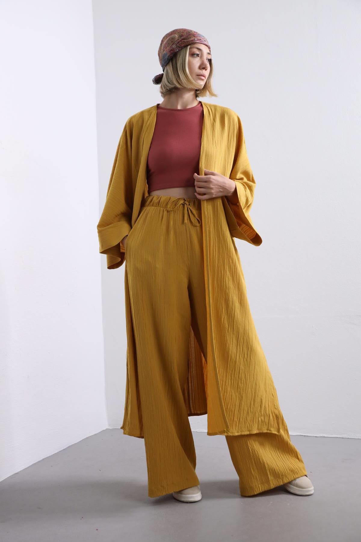  Hardal Rengi Gofre Uzun Kimono Takım