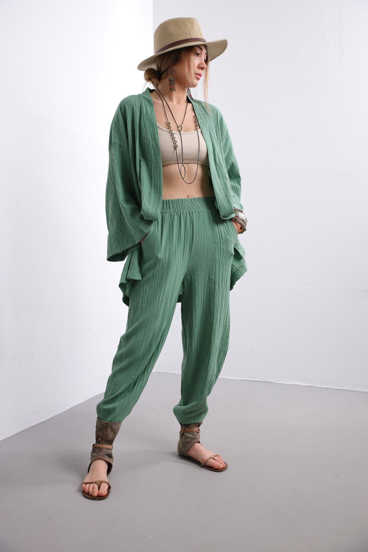 Mint Yeşili Gofre Kimono Pantolon Takım - Şaman Butik Mint Yeşili Gofre Kimono Pantolon Takım
