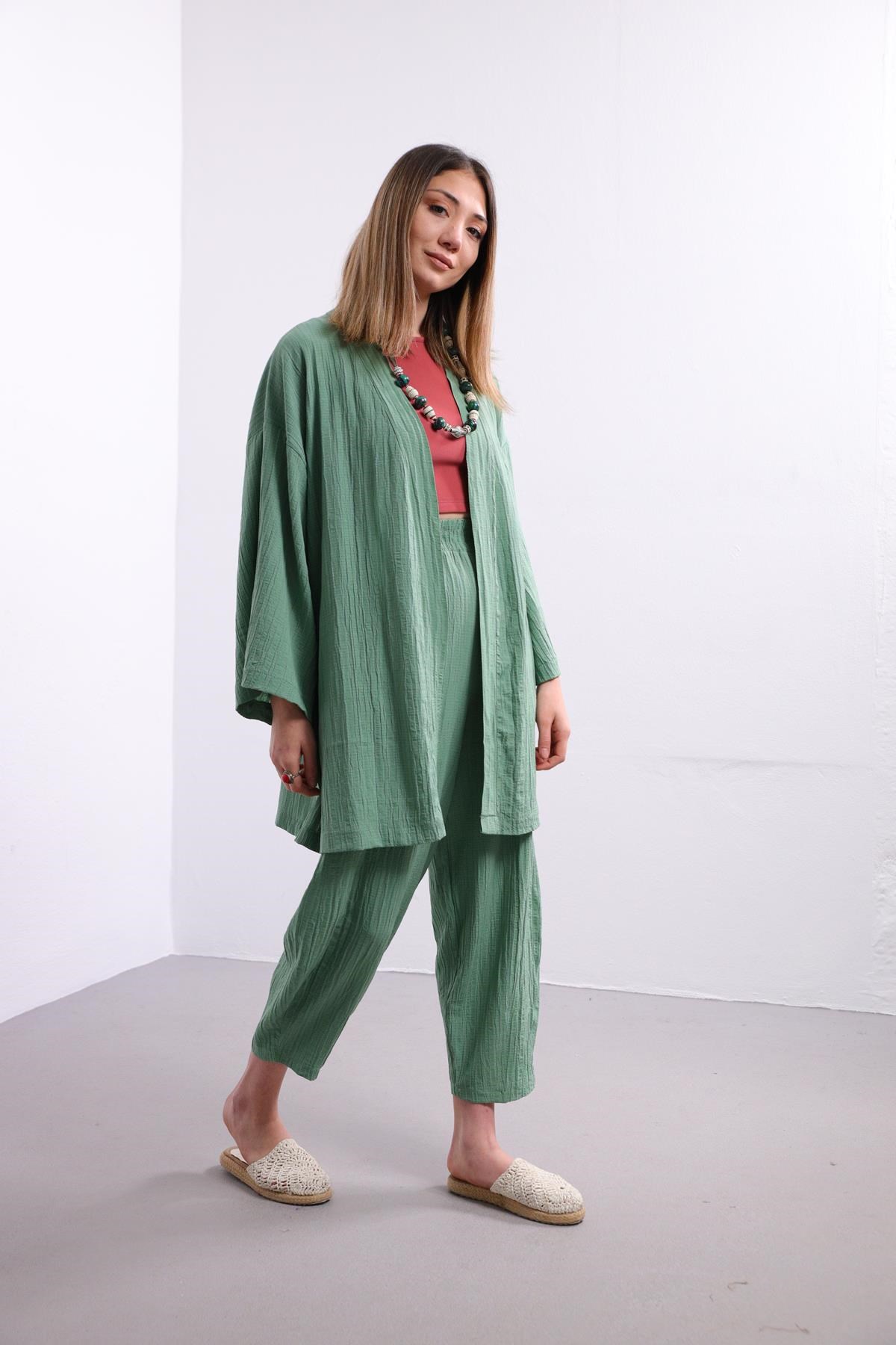 Mint Yeşili Gofre Kimono Pantolon Takım - Şaman Butik - Bohem