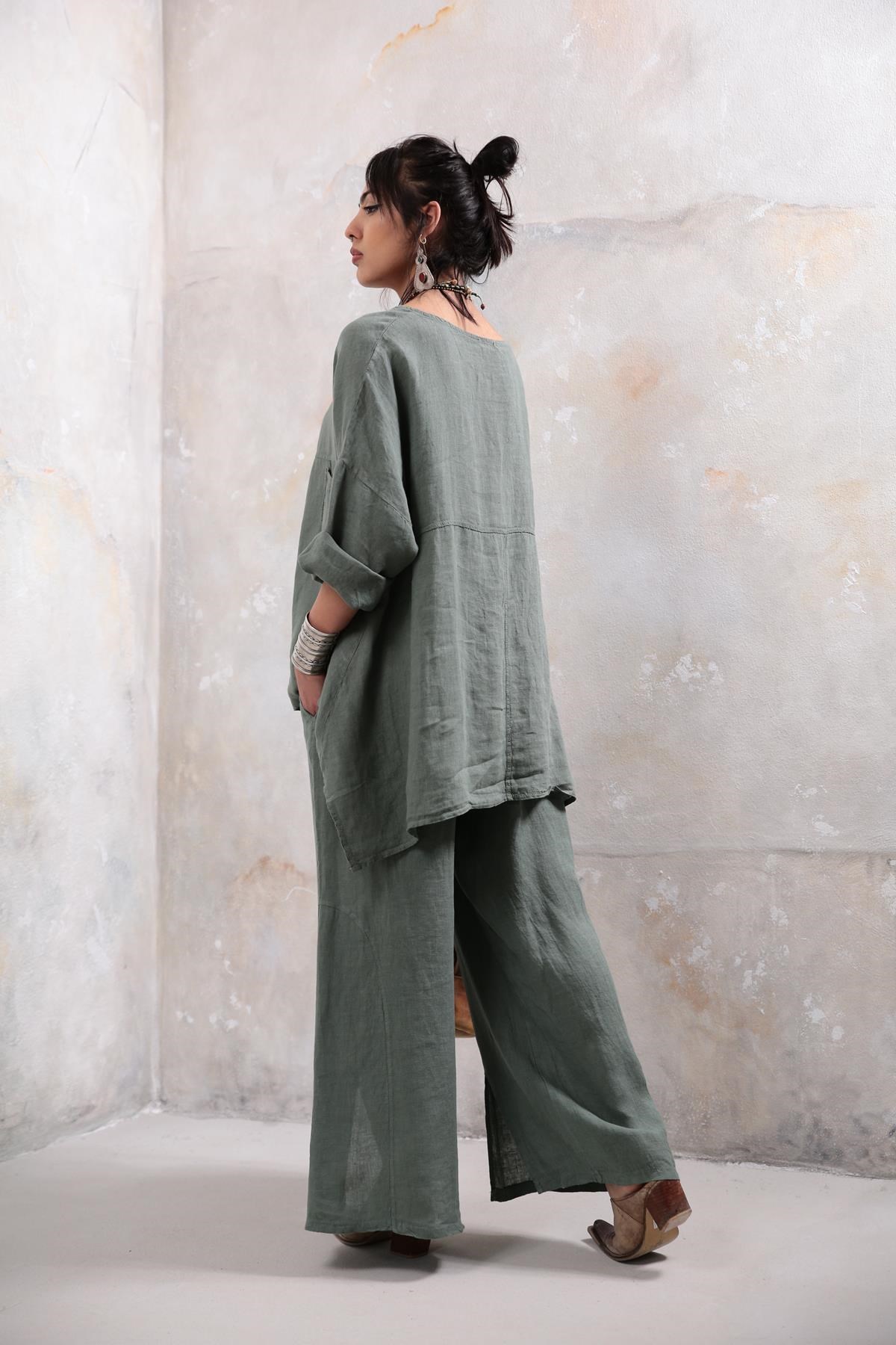 Mint Green Tunic Pants Linen Set - Saman Butik | Shop Online