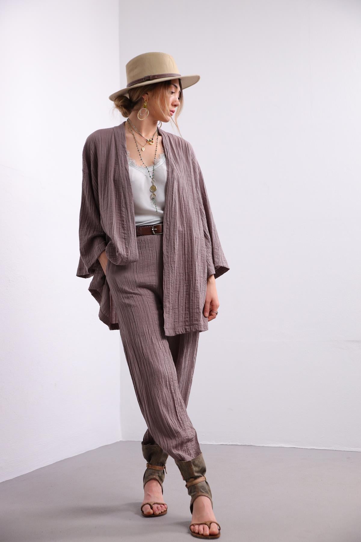 Mink Seersucker Kimono Trousers Set - Saman Butik | Shop Online Mink Seersucker Kimono Trousers Set
