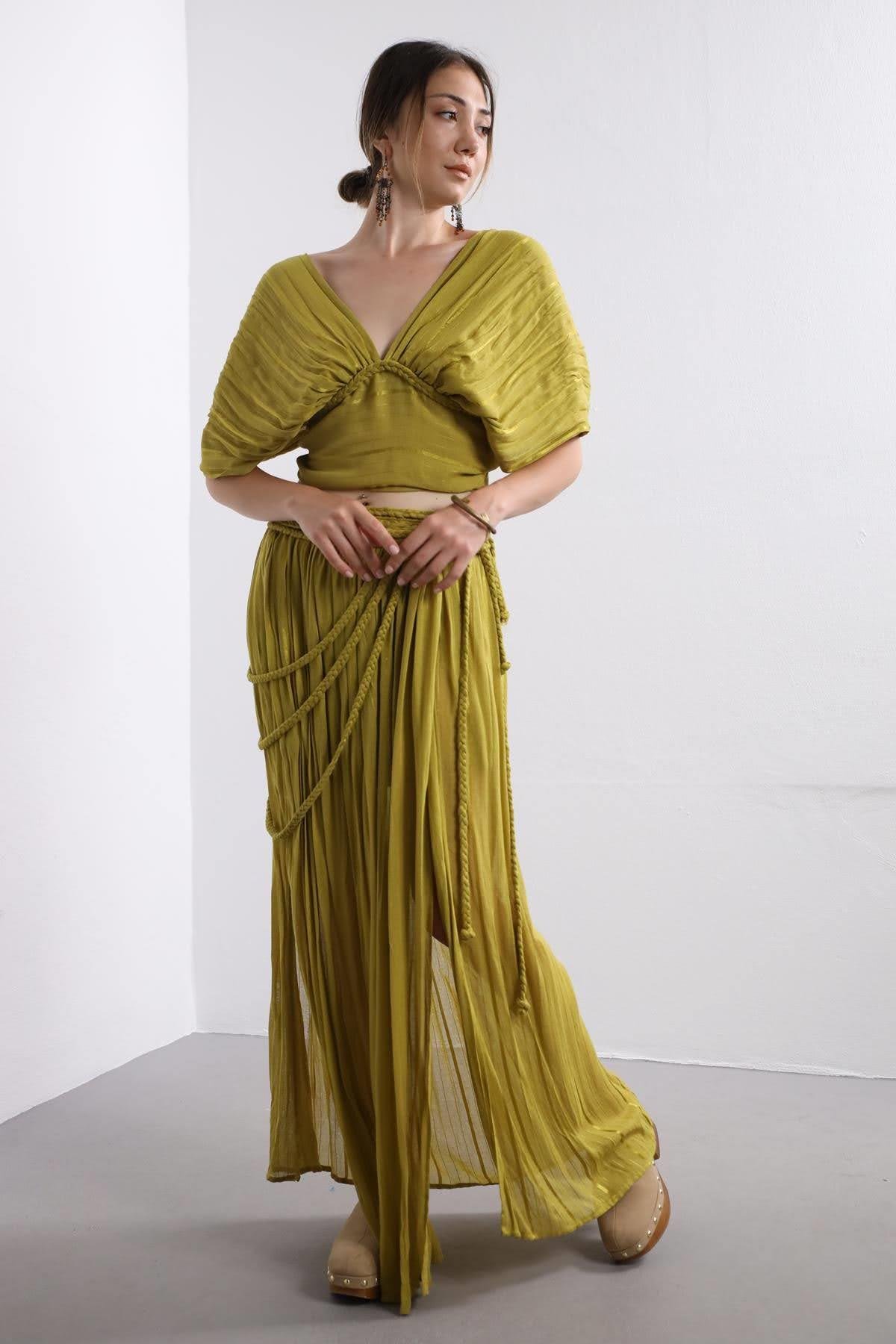 Oil Green Wrap Top And Skirt Set Oil Green Wrap Top And Skirt Set