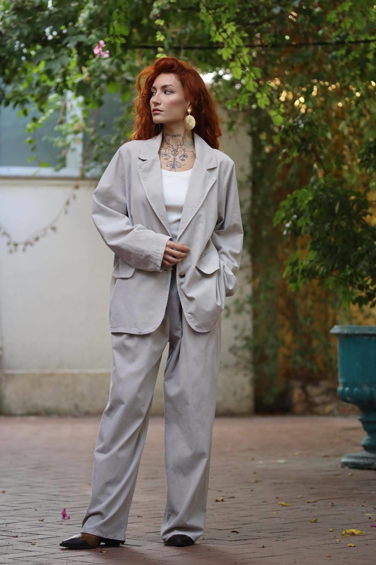 Taş Rengi Kadife Ceket ve Pantolon Takım