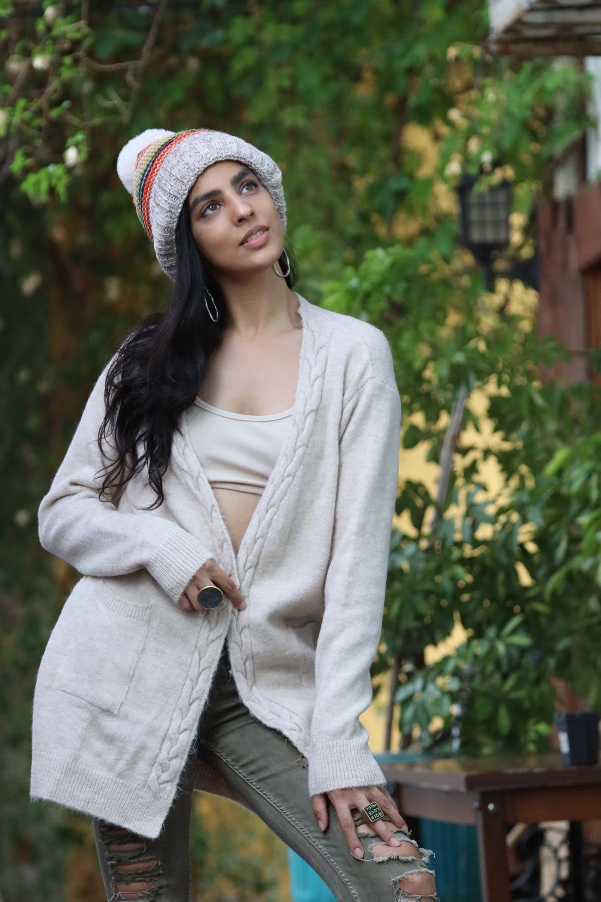 Taş Rengi Örgü Detaylı Cepli Hırka