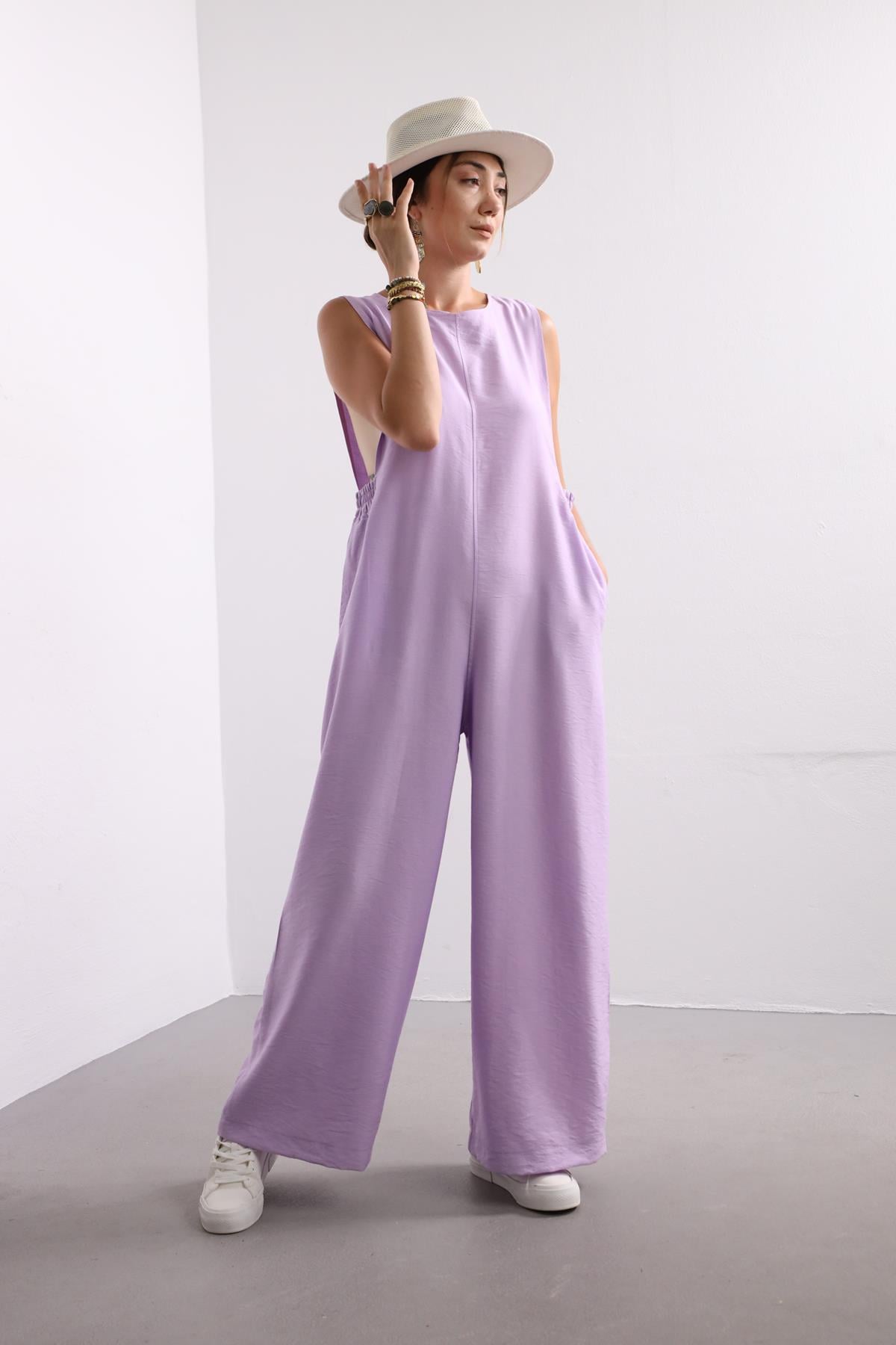 Lilac Open Sides Jumpsuit with Pocket - Saman Butik | Shop Online Lilac Open Sides Jumpsuit with Pocket