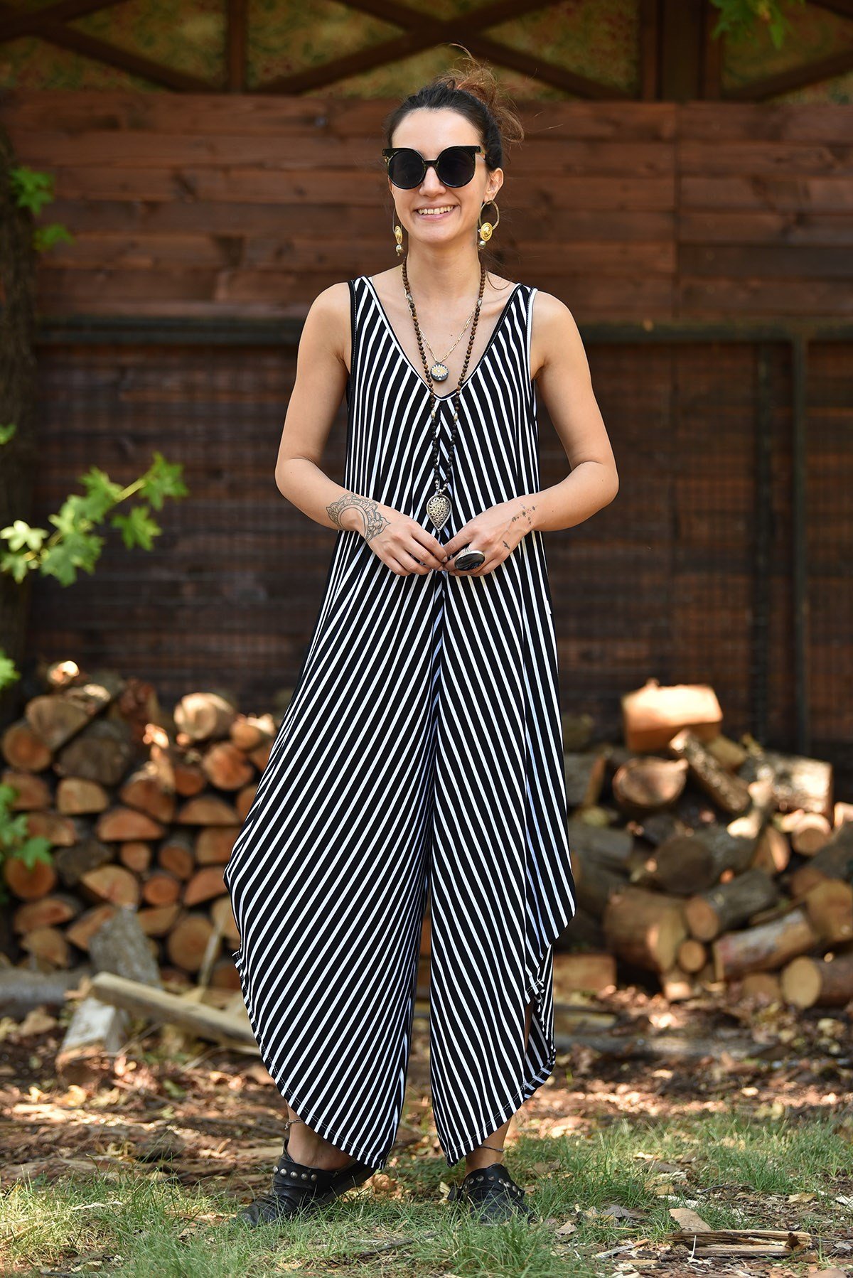 Black Striped Wide Leg Jumpsuit - Şaman Butik | Boho Fashion