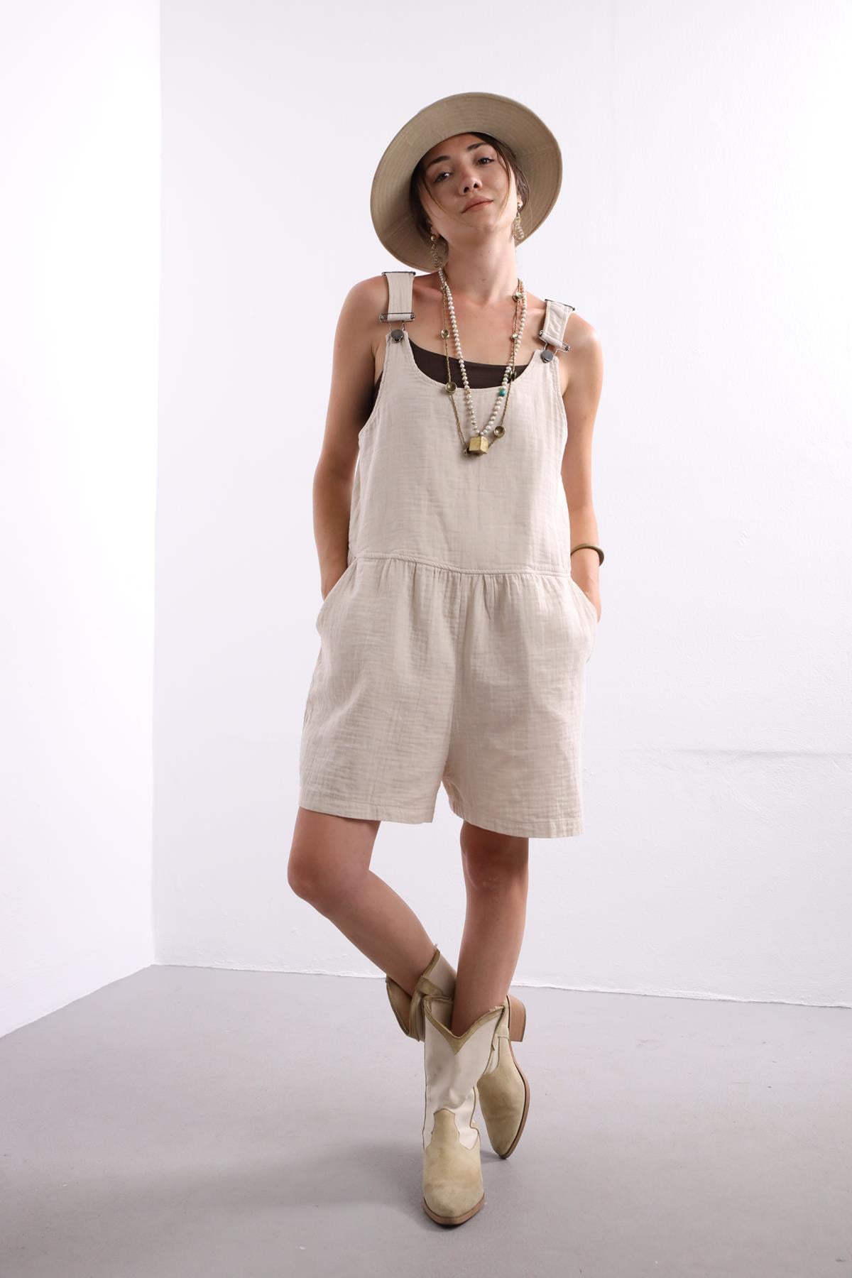 Stone Color Short Linen Overall - Saman Butik | Shop Online Stone Color Short Linen Overall