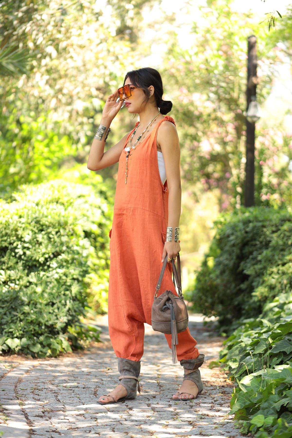 Orange Big Pocket Back Detailed Linen Jumpsuit - Saman Butik | Shop Online