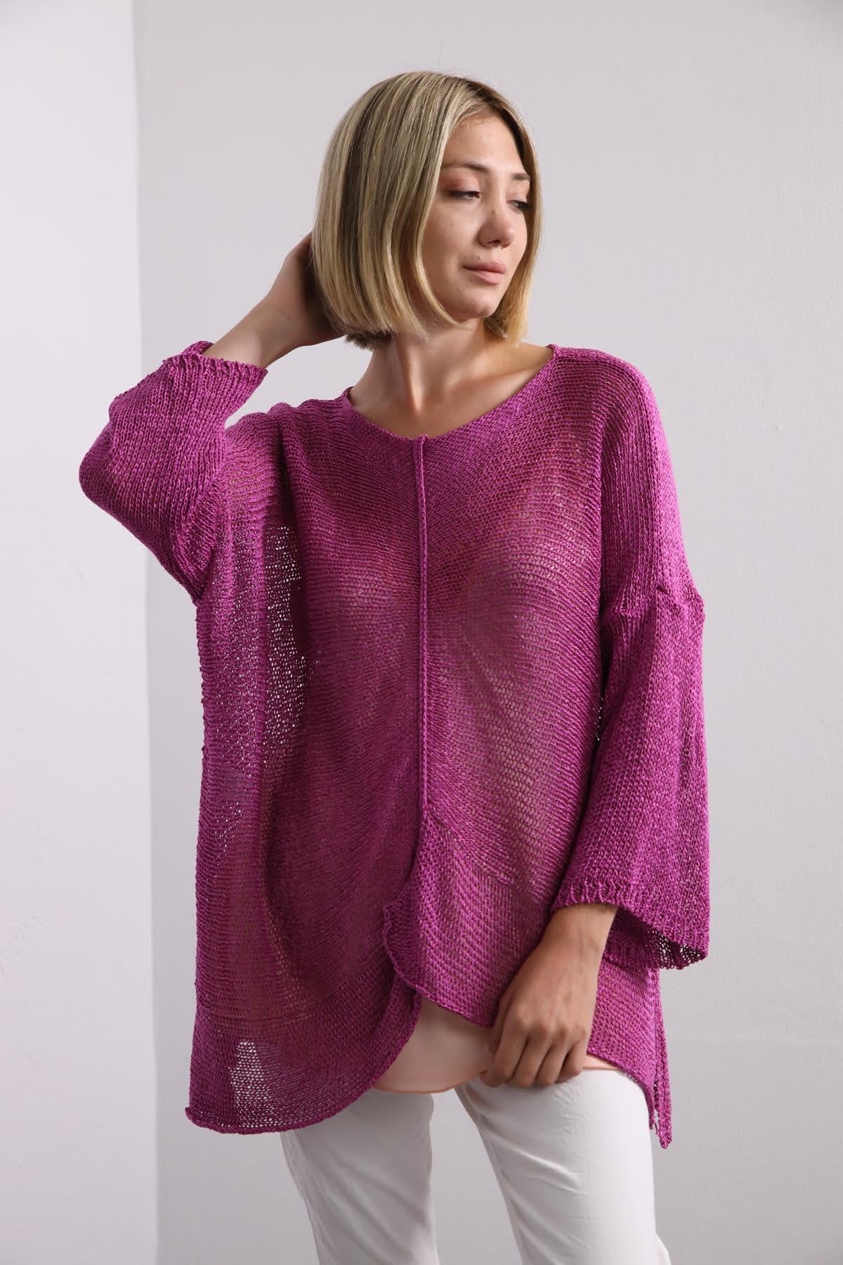 Pink Stitch Detail Loose Mercerized Tunic - Saman Butik | Shop Online Pink Stitch Detail Loose Mercerized Tunic