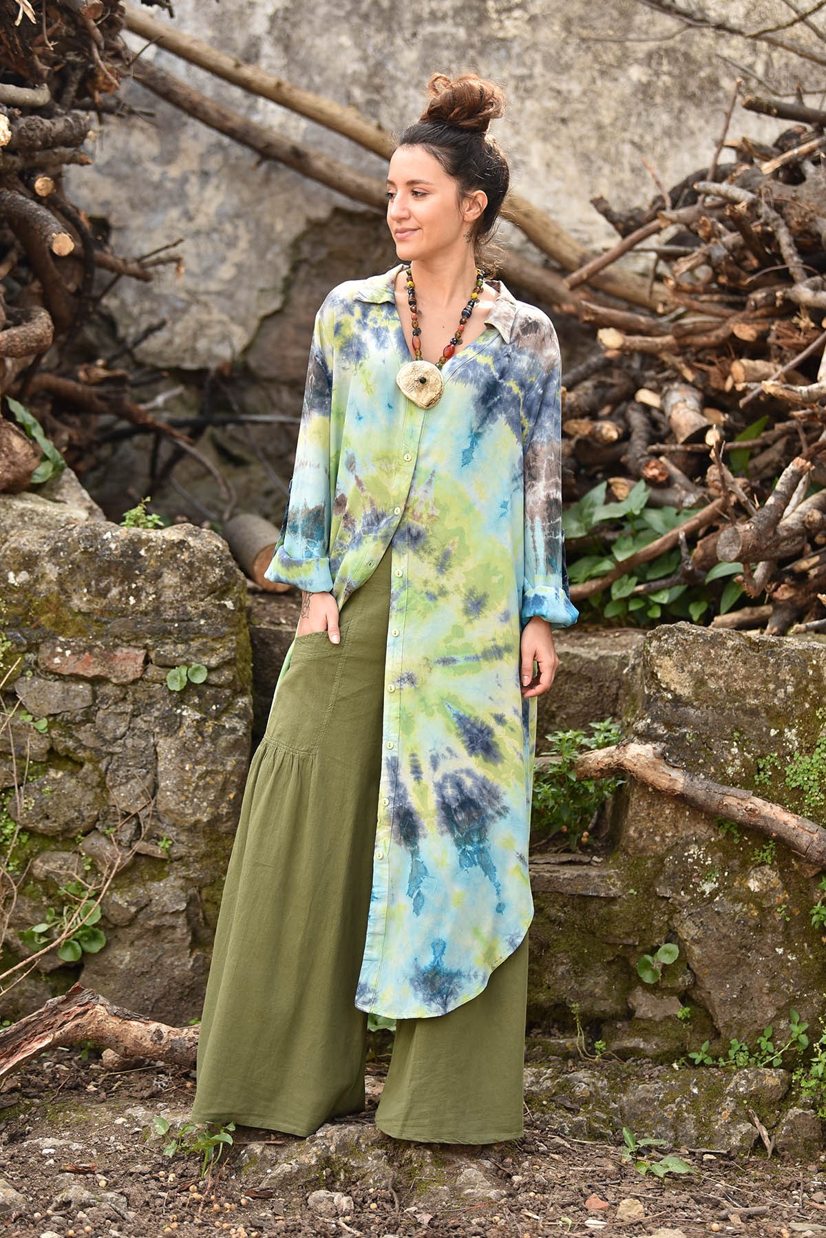 Turkuaz Batik Desenli Gömlek Elbise - Şaman Butik - Bohem Giyim ve Aksesuar  | Kadın & Erkek