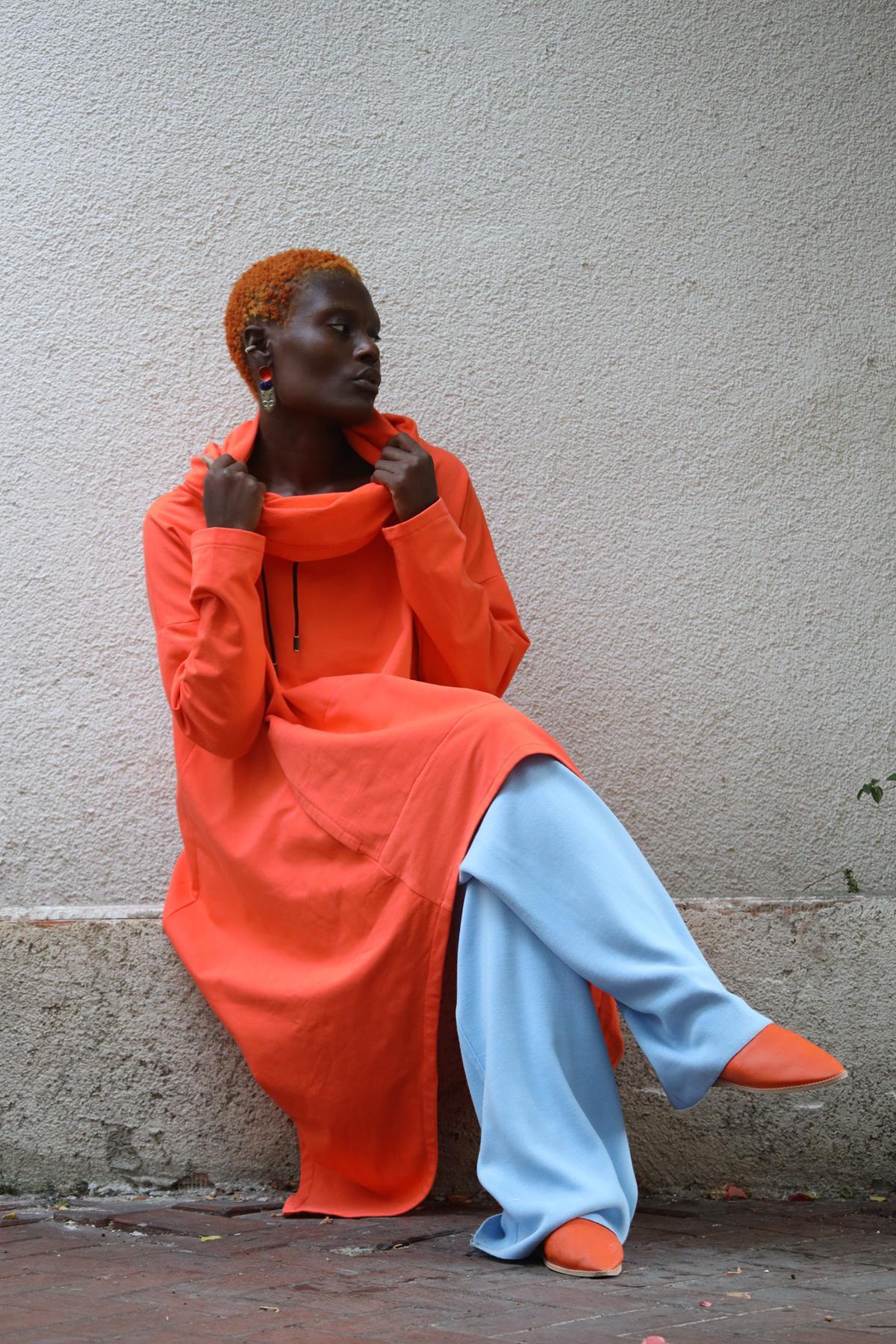 Orange Asymmetric Cut Turtleneck Poncho Sweat