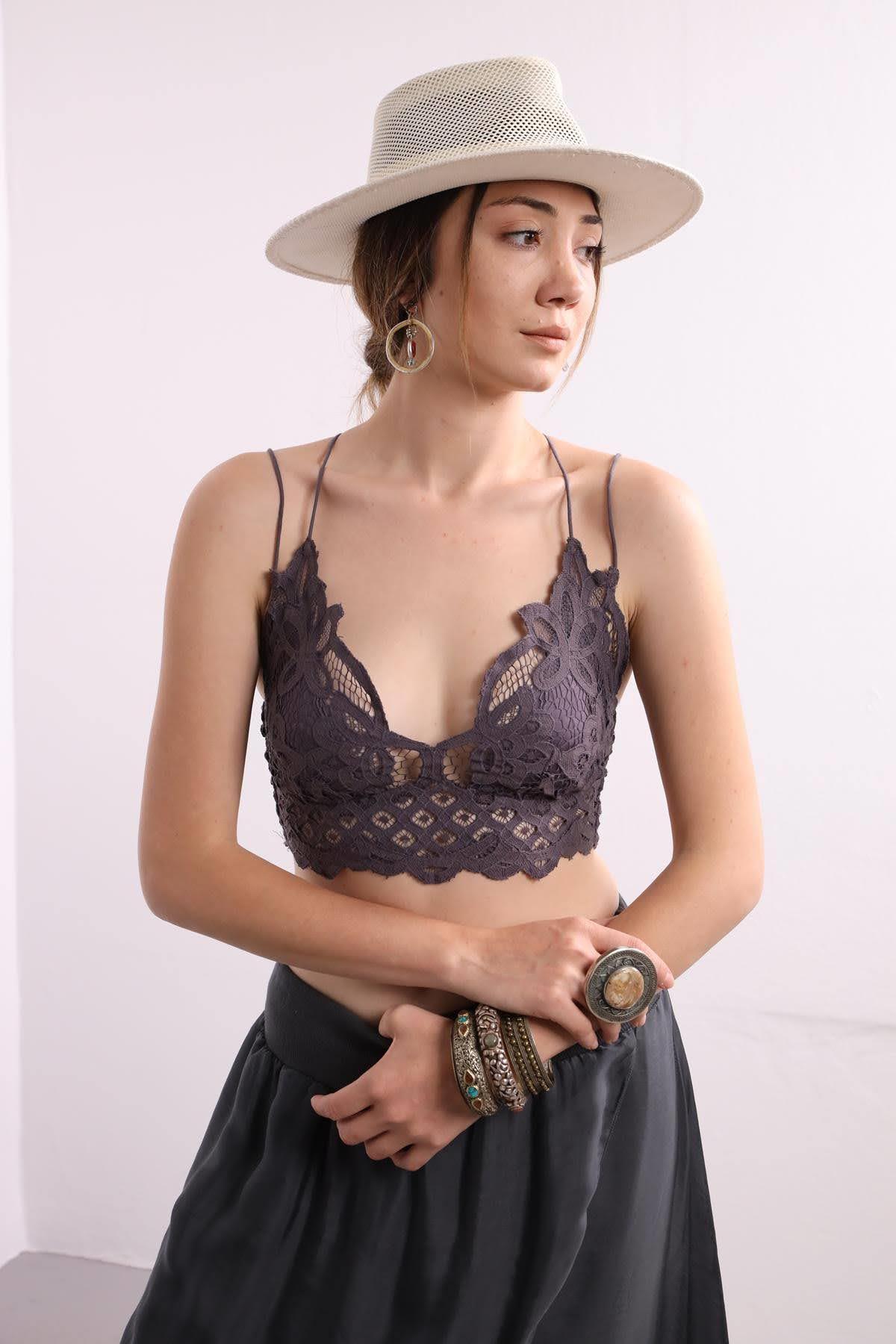 Füme Rengi Dantel Bralet - Şaman Butik Füme Rengi Dantel Bralet