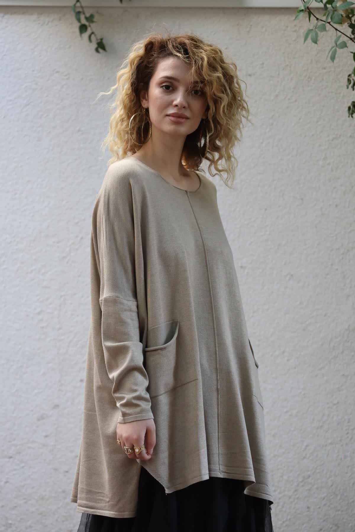 Vizon Rengi Bisiklet Yaka Çift Cepli Oversize Triko Bluz