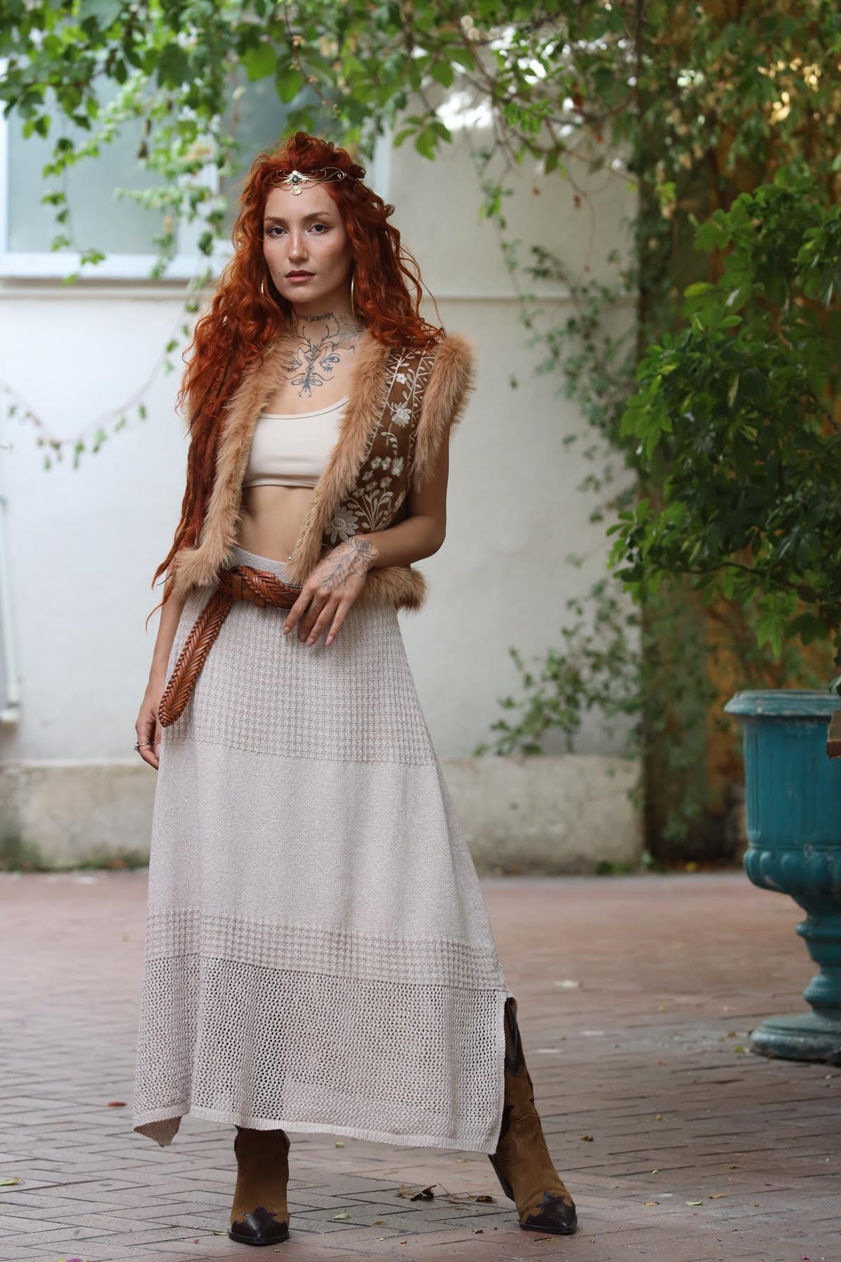 Vizon Rengi File Detay Yırtmaçlı Örme Etek