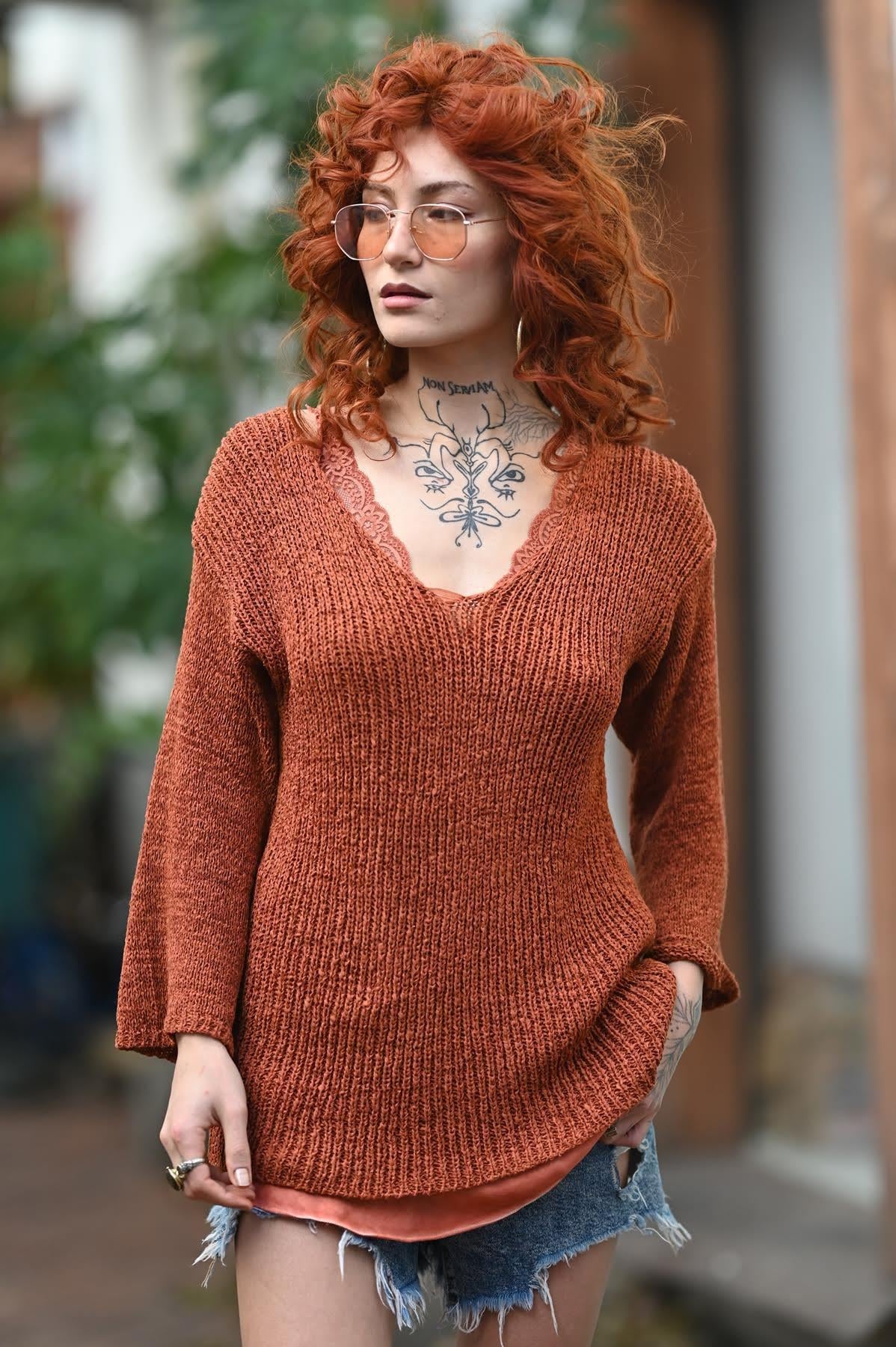 Orange Color V-Neck Blouse