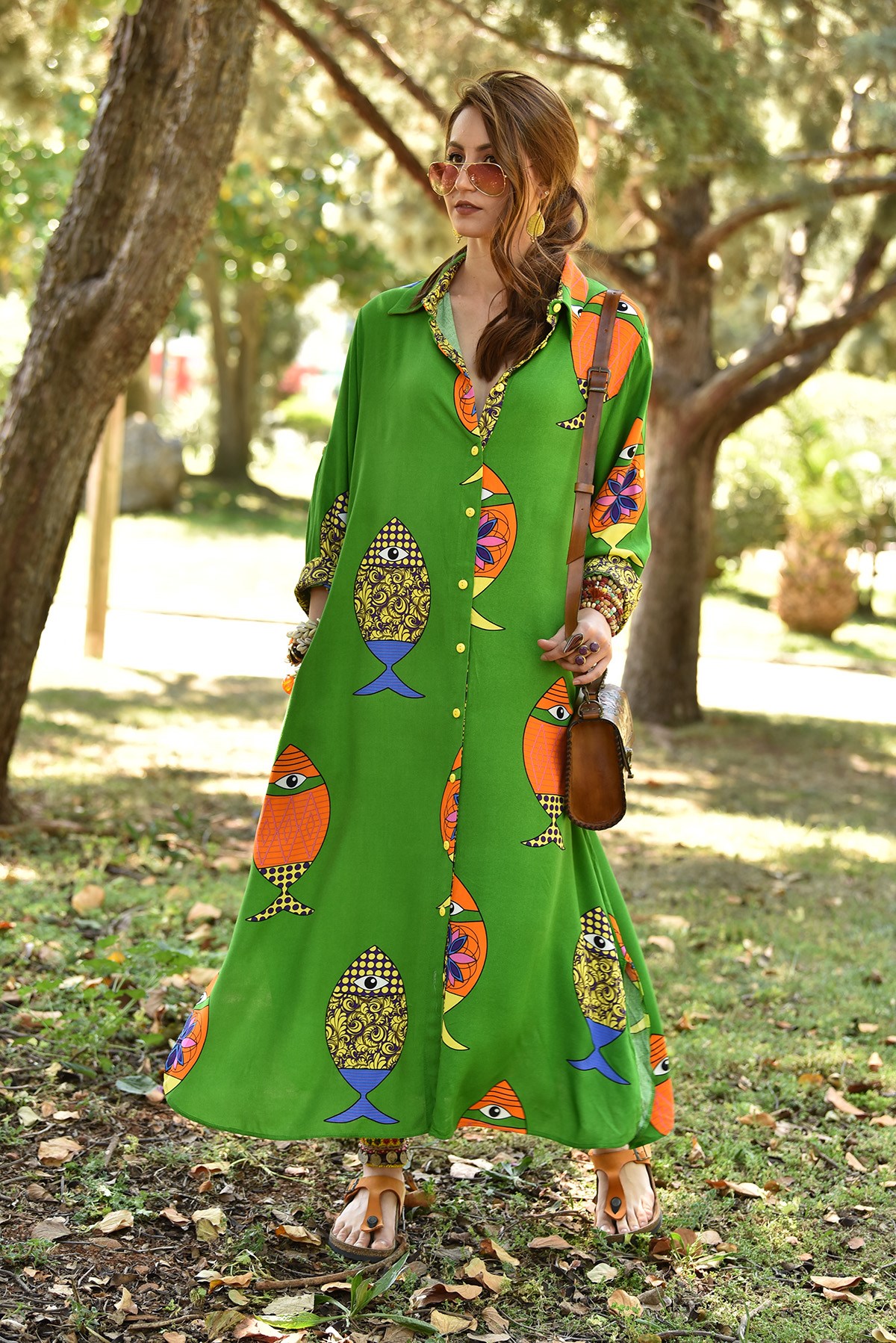 Yeşil Balıklı Gömlek Elbise - Şaman Butik - Bohem Giyim ve Aksesuar | Kadın  & Erkek