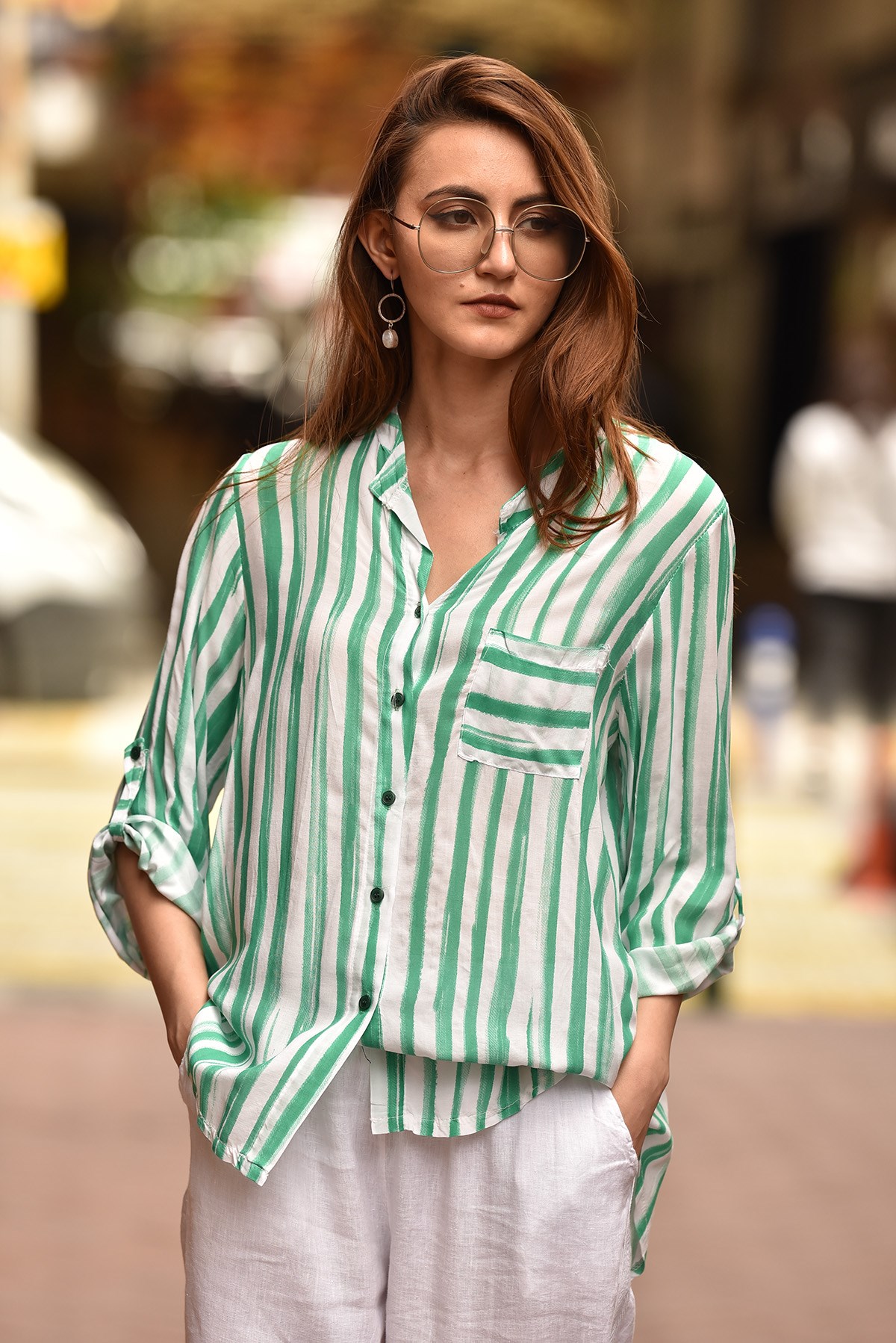 Green White Striped Shirt - Şaman Butik | Boho Fashion