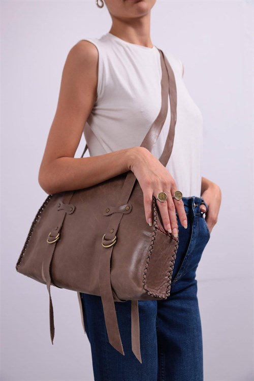 Mink Stitched Leather Bag - Saman Butik | Shop Online Mink Stitched Leather Bag
