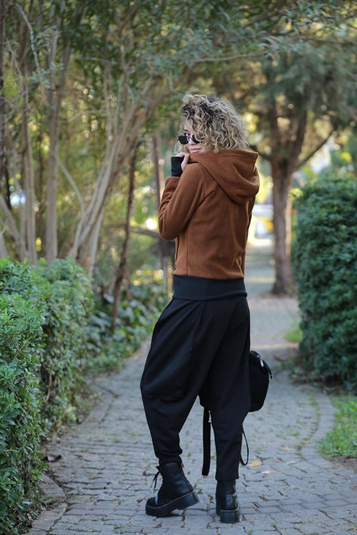 Brown Side Zipper Fleece Jacket with Hood - Saman Butik