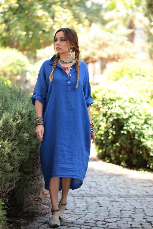  Blue Back Ring Detailed Shirt Dress - Şaman Butik | Boho Fashion  Blue Back Ring Detailed Shirt Dress