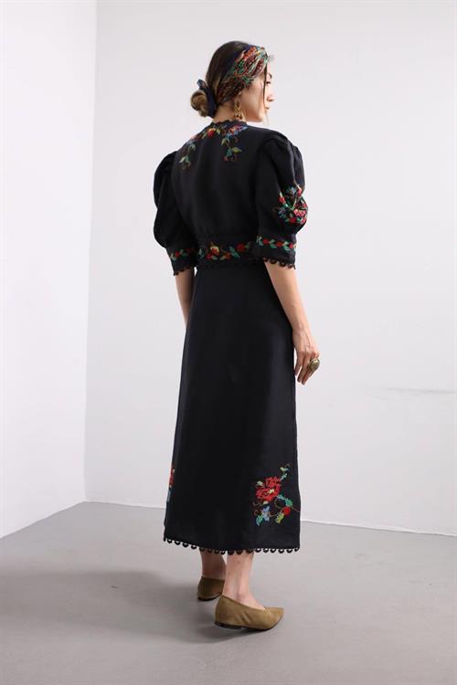 Black Cross Stitch Embroidered Puff Sleeve Dress - Saman Black Cross Stitch Embroidered Puff Sleeve Dress - Saman