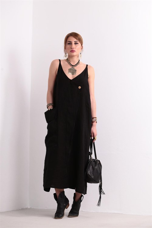 Siyah Torba Cepli Düğme Detaylı Elbise - Şaman Butik - Bohem Giyim ve  Aksesuar | Kadın & Erkek