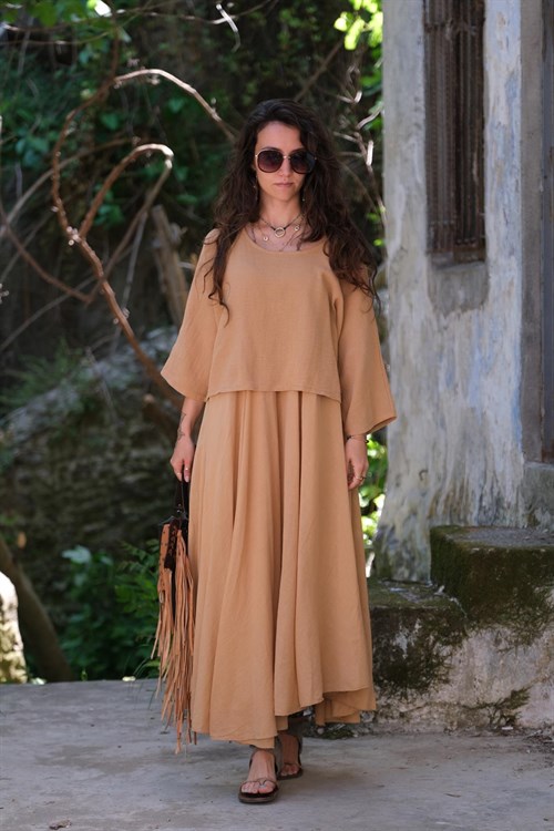 Taba Rengi Askılı Bluz Detaylı Elbise - Şaman Butik - Bohem Giyim ve  Aksesuar | Kadın & Erkek