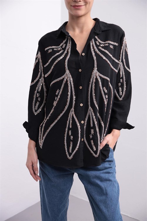 Siyah İşlemeli Payetli Gömlek - Şaman Butik - Bohem Giyim ve Aksesuar | Kadın & Erkek Siyah İşlemeli Payetli Gömlek