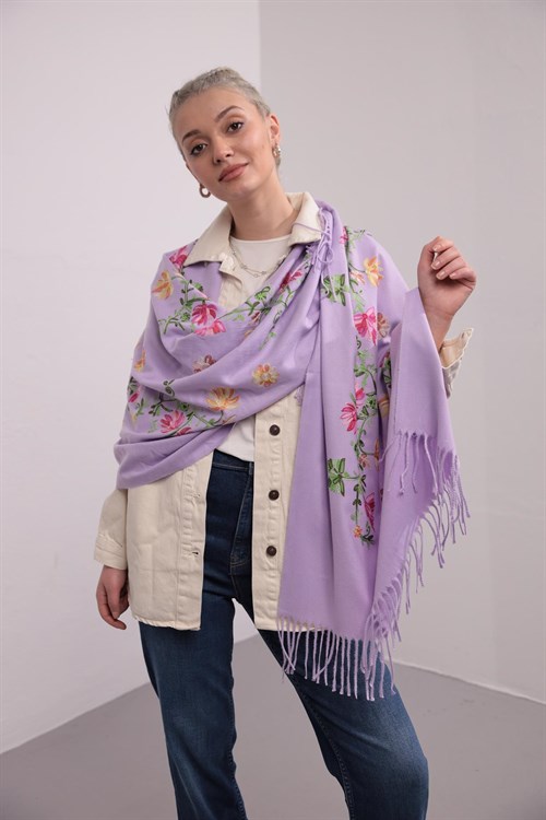 Lilac Embroidered Cashmere Shawl