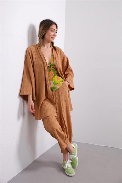 Hardal Gofre Kimono Pantolon Takım - Şaman Butik - Bohem Giyim ve Aksesuar | Kadın & Erkek Hardal Gofre Kimono Pantolon Takım