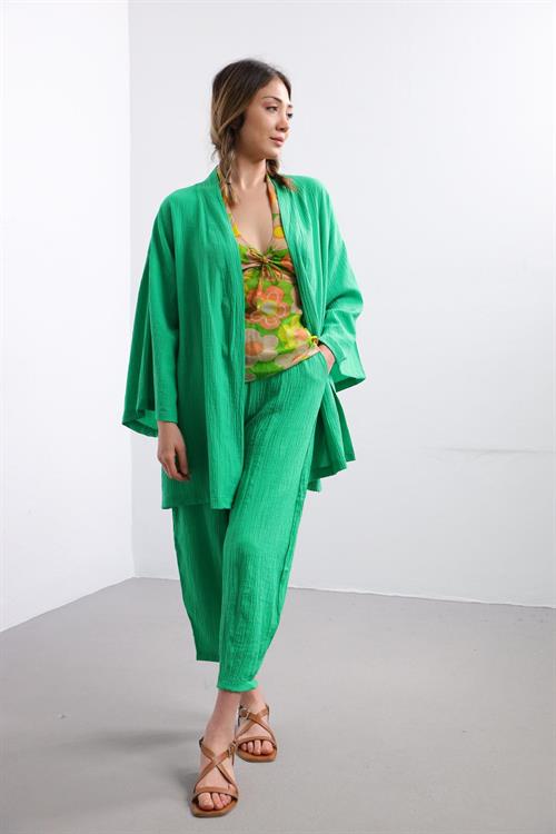 Green Seersucker Kimono Trousers Set - Saman Butik | Shop Online Green Seersucker Kimono Trousers Set