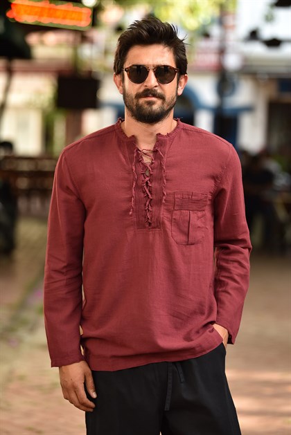 Burgundy Lace Up Collar Bohemian Shirt - Şaman Butik | Boho Fashion