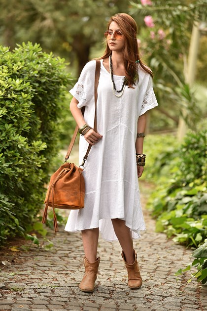 White Sleeve Detail Linen Dress - Şaman Butik | Boho Fashion