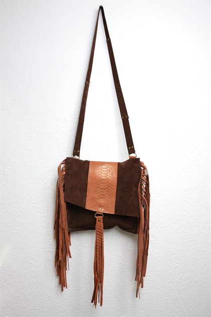 Saman Butik | Shop Online Dark Brown Handmade Boho Leather Bag with Tassels