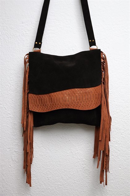Navy Blue Floral Stitched Waist Shirt Dress - Şaman Butik Black Handmade Letaher Bag with Tassels and Staple
