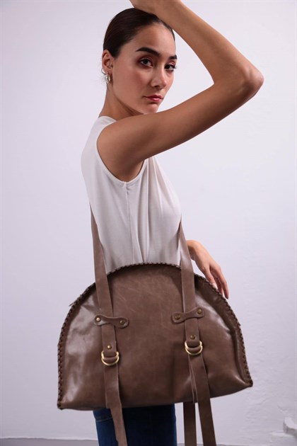 Mink Stitched Leather Bag - Saman Butik | Shop Online Mink Stitched Leather Bag