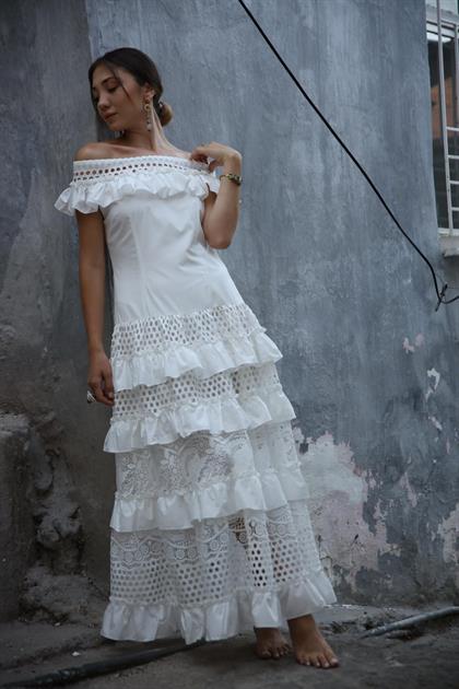 White Guipure Lace Madonna Collar Layered Dress - Saman Butik |Shop Online