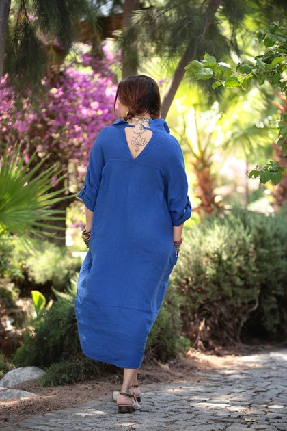  Blue Back Ring Detailed Shirt Dress - Şaman Butik | Boho Fashion  Blue Back Ring Detailed Shirt Dress