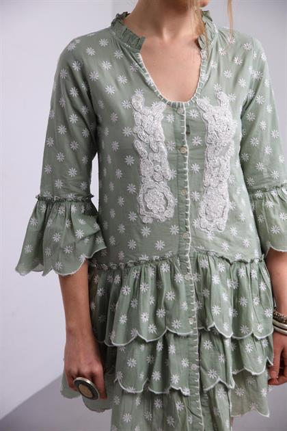  Mint Yeşili Bonculk İşlemeli Çiçekli Kat Kat Elbise