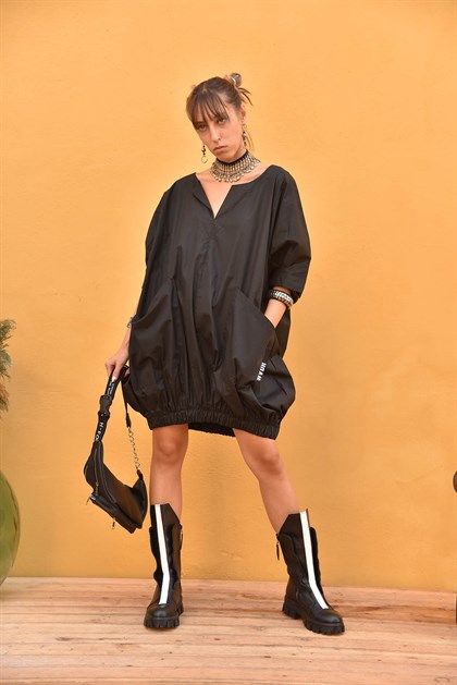  Black Elastic Bottom  Dress - Şaman Butik | Boho Fashion  Black Elastic Bottom  Dress