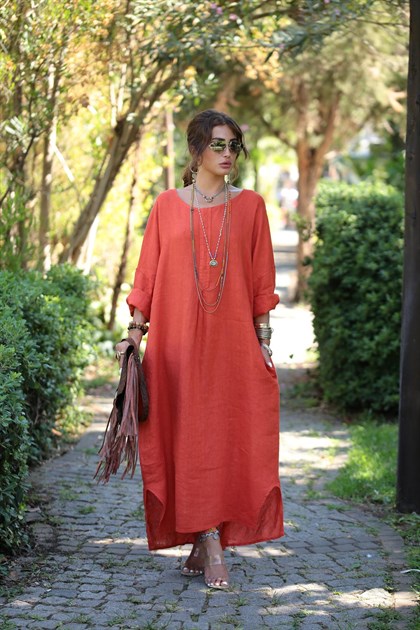 Turuncu Önü Pileli Salaş Keten Elbise - Şaman Butik - Bohem Giyim ve  Aksesuar | Kadın & Erkek